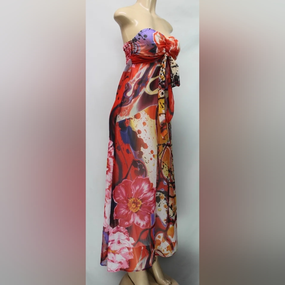 Xhilaration Women's XS Strapless Maxi Dress Lined Elastic Top Flowing Colorful